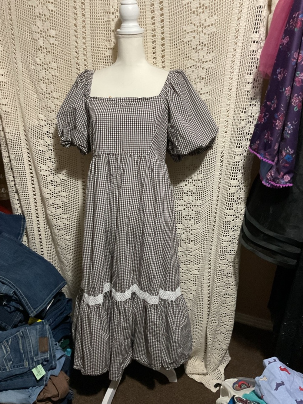 King’s Road Gingham Smocked Puff Sleeve cotton dress XL